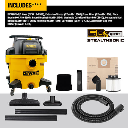 DEWALT 10 Gallon 5.0 Peak HP STEALTHSONIC Shop Vacuum Wet and Dry, Ultra Quiet Wet Dry Vac, Ideal for Jobsite, Garage, Car & Workshop, DXV10P-QT with Attachments & Powerful Suction, Portable Cleaning