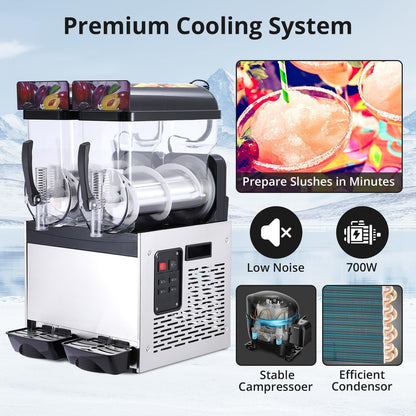 GarveeHome Commercial Slushy Machine, Stainless Steel Margarita Smoothie Frozen Drink Maker, Self-Cleaning, 700W, Perfect for Homes, Coffee Shops,Restaurants,Black,15 L*2