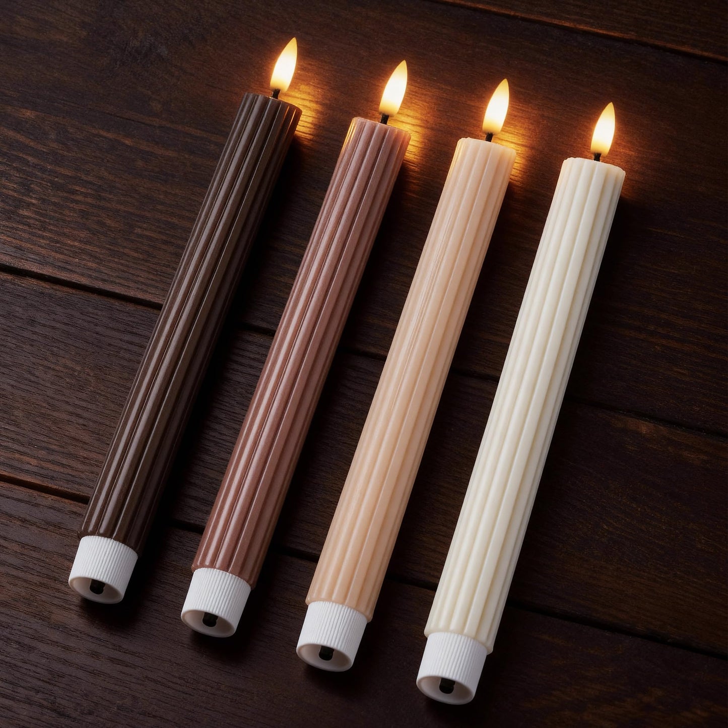 WYZworks Coordinated Chocolatey Mocha Brown 4 Pack, 10" Real Wax LED Flameless Fluted Ribbed Grooved Taper Candles, Remote & Timer Memory, On/Off Button, Dimmable, Battery Operated, Menorah Wedding