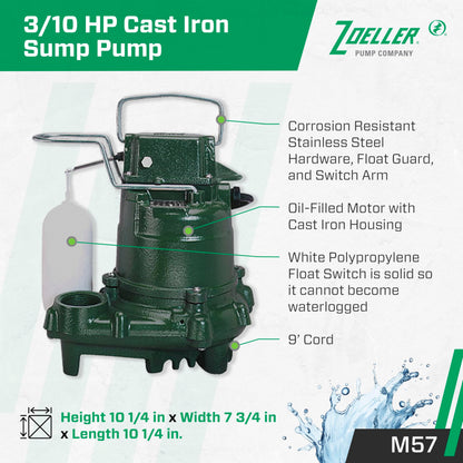 Zoeller M57 Mighty-Mate Submersible Sump Pump - 3/10 HP Cast Iron - 9′ Cord — Vertical Float - 1.5″ Discharge - Factory-Tested - Basement Sump Pump - 115V