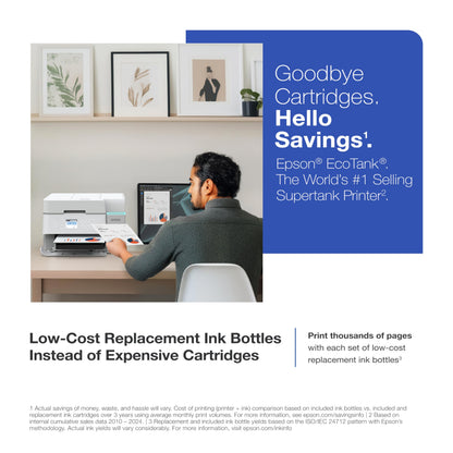 Epson EcoTank ET-3950 Wireless All-in-One Color Supertank Printer with up to 3 Years of Ink Refillable Tanks, Perfect for Home Office, 18 PPM, 2.4" Colorful Touchscreen, Auto Document Feeder - White