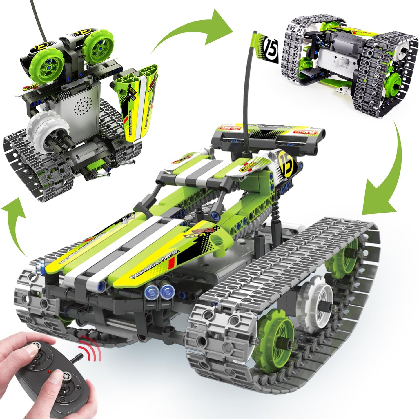 BIRANCO. Remote Control Tracked 3in1 Stunt Racer Building Kit - RC Car STEM Construction Toy, Gift Idea for Kids, Boys and Girls Ages 8-12 Year Old (353 Pcs)