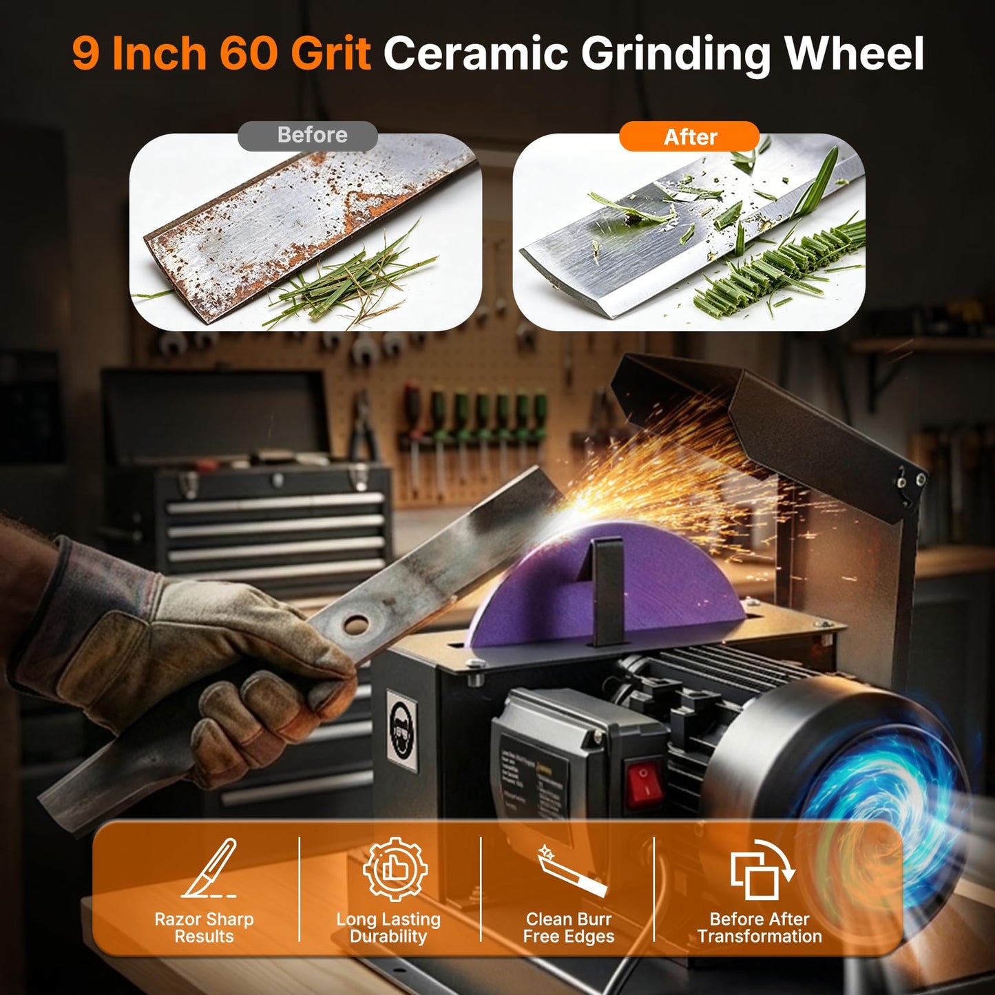 Merry Loop Lawn Mower Blade Sharpener, 1HP 750W Lawnmower Blade Grinder with 9-inch Ceramic Grinding Wheel, Powerful Bench Mower Sharpening Machine for High/Low Lift Blades, Gator Blades, Flat Blades