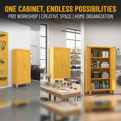 Aiasuit Lockable Metal Pantry Cabinet with 3 Adjustable Shelves, Heavy Duty 4-Tier Storage Organizer, 2-Door Locker for Kitchen & Entryway and Hallway Yellow