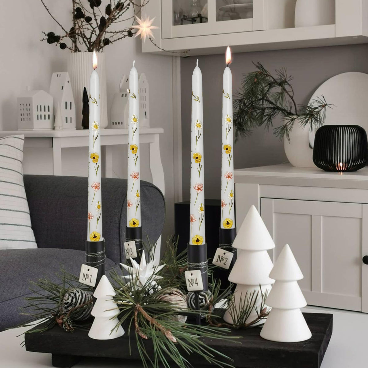 Floral Printed Taper Candle - Baleagcdl White with Poppy Flower Prints Candlesticks 10 Inch Handmade Drip Candle Sticks for Dinner Home Holiday Decor Gifts - Set of 2