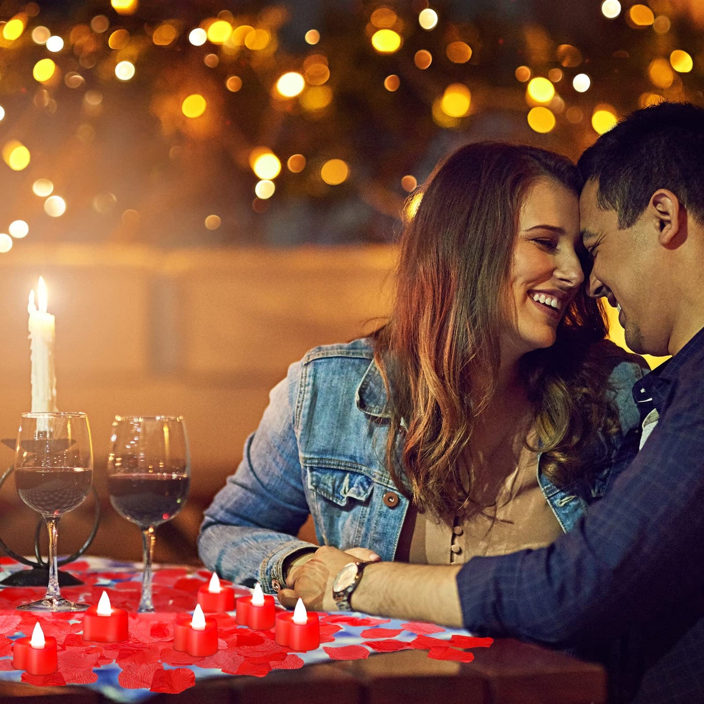 Coume 6000 Pcs Artificial Rose Petals with 120 Pcs Heart LED Tea Lights Candles Kit Rose Petals Candles Set for Romantic Night Anniversary Proposal Wedding Date Hotel(Red Light)