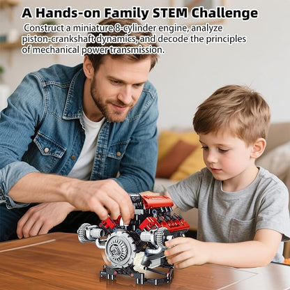 Mini V8 Engine Building Kit That RunsEngine Building Blocks with LED Light for Adults Visible Engine Model Set Construction STEM Toy for Kids Boys (660 PCS)