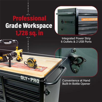Olympia Tools 72 inch Heavy Duty Mobile Tool Chest Tool Box, with Solid Wood Top Workbench, 15-Drawer Rolling Tool Chest, Tool Storage Organizer for Garage, Workshop, and Home, Black