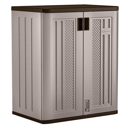 Suncast Base Storage Cabinet for Garage Organization, 9 Cu. Ft. Capacity, Platinum Metallic & Slate - Lockable Multi-Wall 2-Shelf Resin Organizer for Garden Supplies, Paint Cans & Outdoor Tools