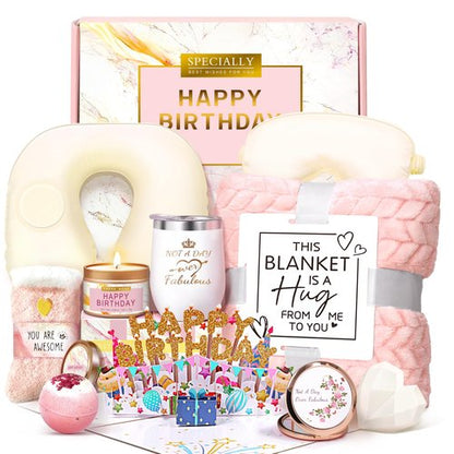 HSOEIXL Birthday Gifts for Women, Unique Spa Birthday Gift Basket with Blanket for Women - Happy Birthday Gifts for Her, Mom, Sister, Teacher, Girlfriend, Coworker, Wife, Bestie, BFF