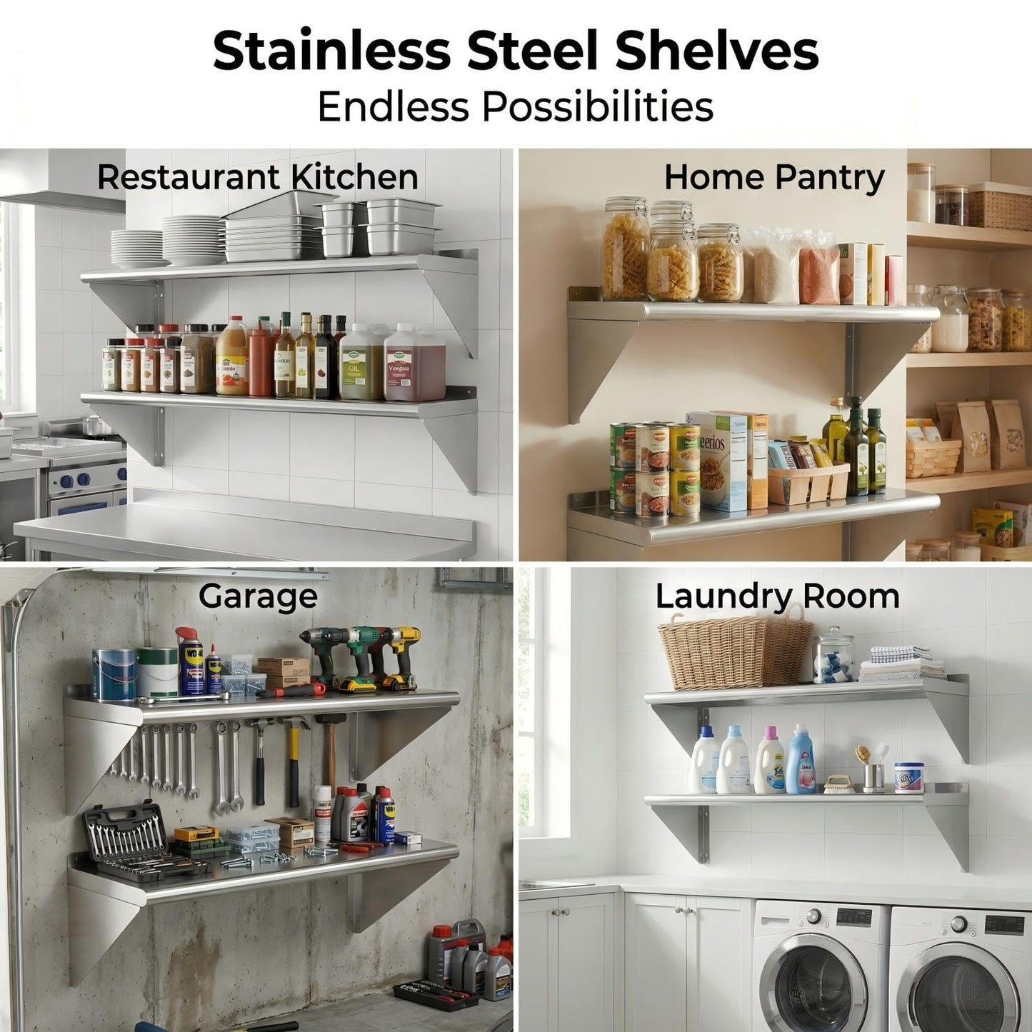 KUARBARR Stainless Steel Shelf Wall-Mounted Stainless Steel Wall Shelf 12 x 48 Inch, 2 Pack Commercial Metal Wall Shelves Garage Shelving for Restaurant Kitchen