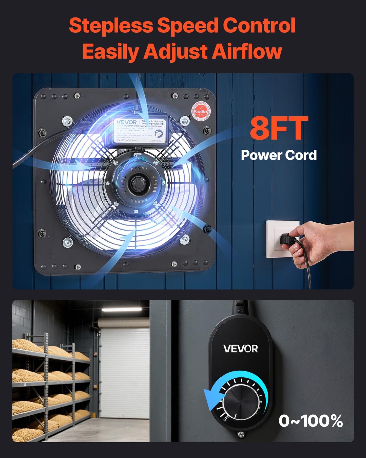 VEVOR 10'' Exhaust Fan, Wall Mounted Attic Fan with Variable Speed controller, 900 CFM, Automatic Shutter, Ventilation and Cooling, Black