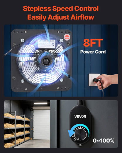 VEVOR 10'' Exhaust Fan, Wall Mounted Attic Fan with Variable Speed controller, 900 CFM, Automatic Shutter, Ventilation and Cooling, Black