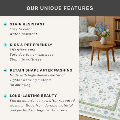 Skiennix Large 8x12 Area Rug - Washable Non-Skid Geometric Floral Design for Living Room & Bedroom
