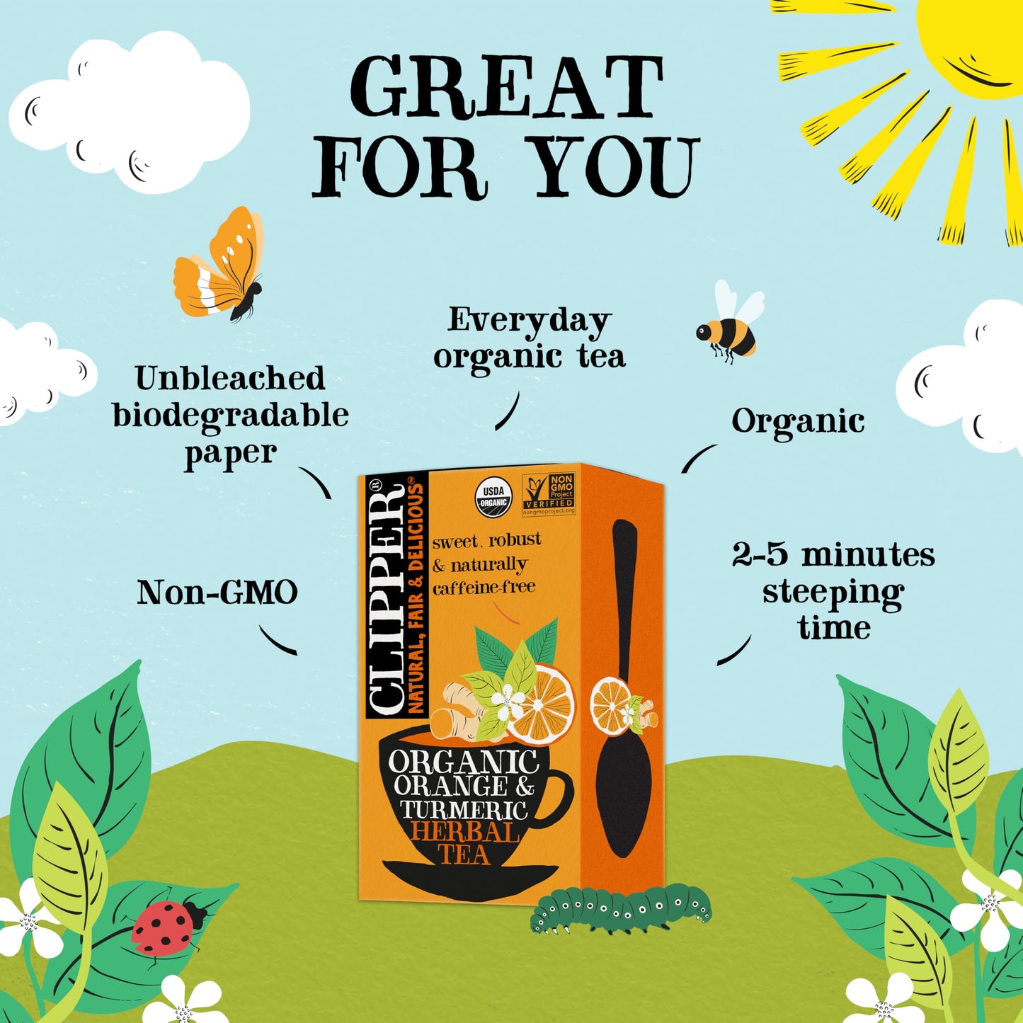 Clipper Tea, Orange & Turmeric, Organic with Licorice Root, Orange Peel and Hibiscus, Plant Based Herbal, Caffeine Free British, 6 Pack, 120 Unbleached Bags