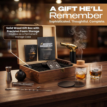 Moments by KEFF Premium Whiskey Smoker Kit – Wooden Gift Box with Torch, Smoker Lid, Square Glasses, Leather Coasters, 6 Wood Chips with Tray, Whiskey Stones, Ice Molds, Mixing Tools & Instructions