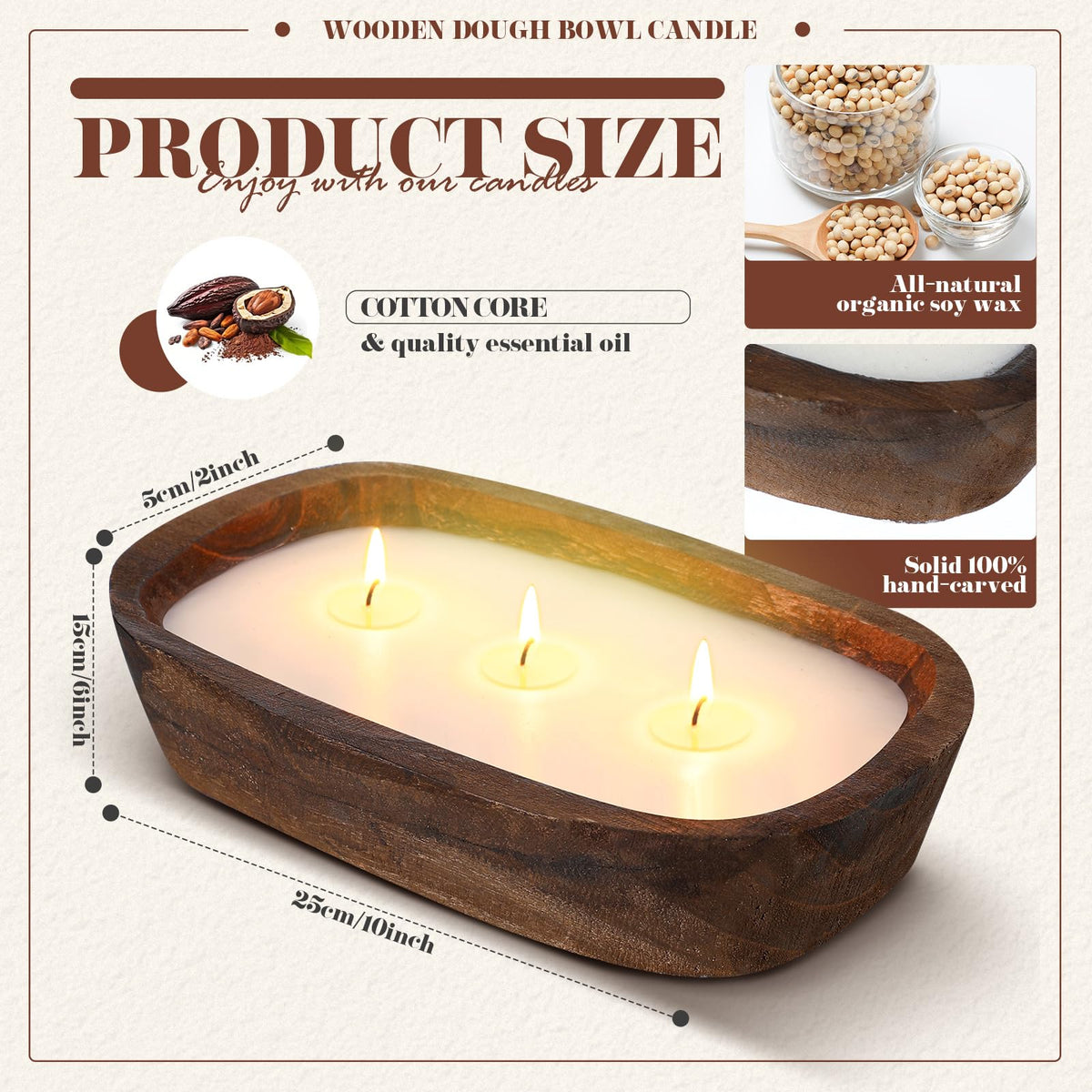 Threlaco 1 Pack 10 Inch Wood Dough Bowl Candles Home Rustic Dough Bowl Soy Candle 3 Wick Scented Candles Gifts for Men Women Farmhouse Table Centerpiece Home Decor for Christmas(Hot Cocoa)