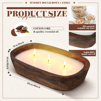 Threlaco 1 Pack 10 Inch Wood Dough Bowl Candles Home Rustic Dough Bowl Soy Candle 3 Wick Scented Candles Gifts for Men Women Farmhouse Table Centerpiece Home Decor for Christmas(Hot Cocoa)