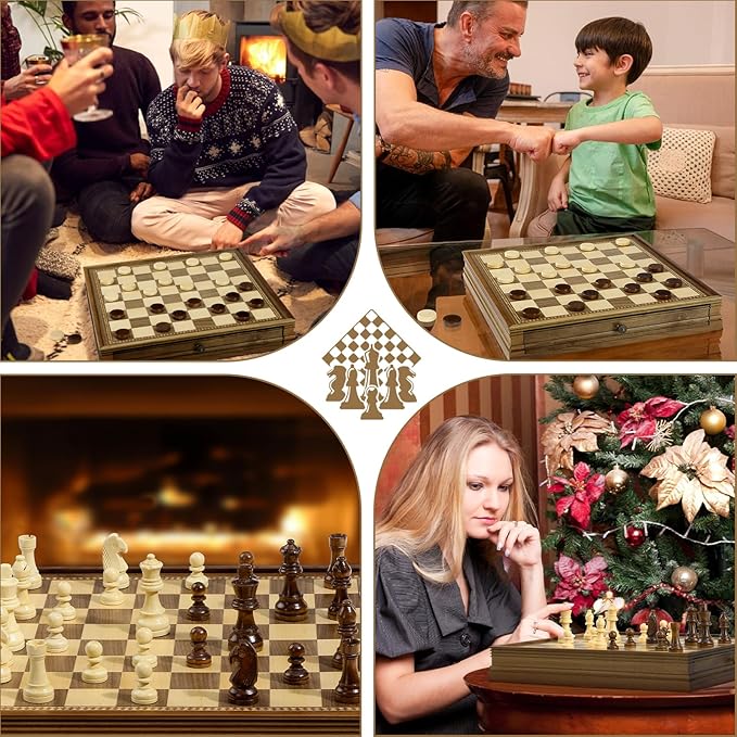 Peradix Magnetic Chess Checkers Board Sets with 2 Built-in Storage Drawers15 Classic 2 in 1 Wooden Games with 2 Extra Queens for Kids and AdultsTravel Portable Chess Game Set