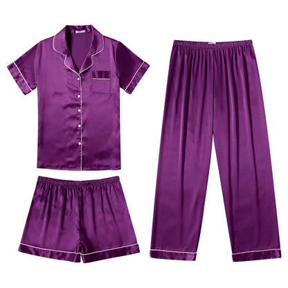 Ekouaer Silk Pajamas for Women Set Satin Pjs Soft Short Sleeve Button Down Sleepwear 3 Piece Loungewear S-XXL