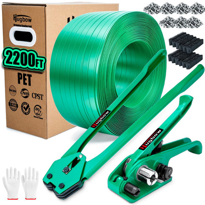 Hugbow Banding Strapping Kit, Heavy Duty Pallet Packaging Kit with >1500lbs 5/8" x 2200' PET Strapping Roll, 700 Metal Seals, 200 Corner Protectors, Strapping Tensioner, Banding Sealer Tool