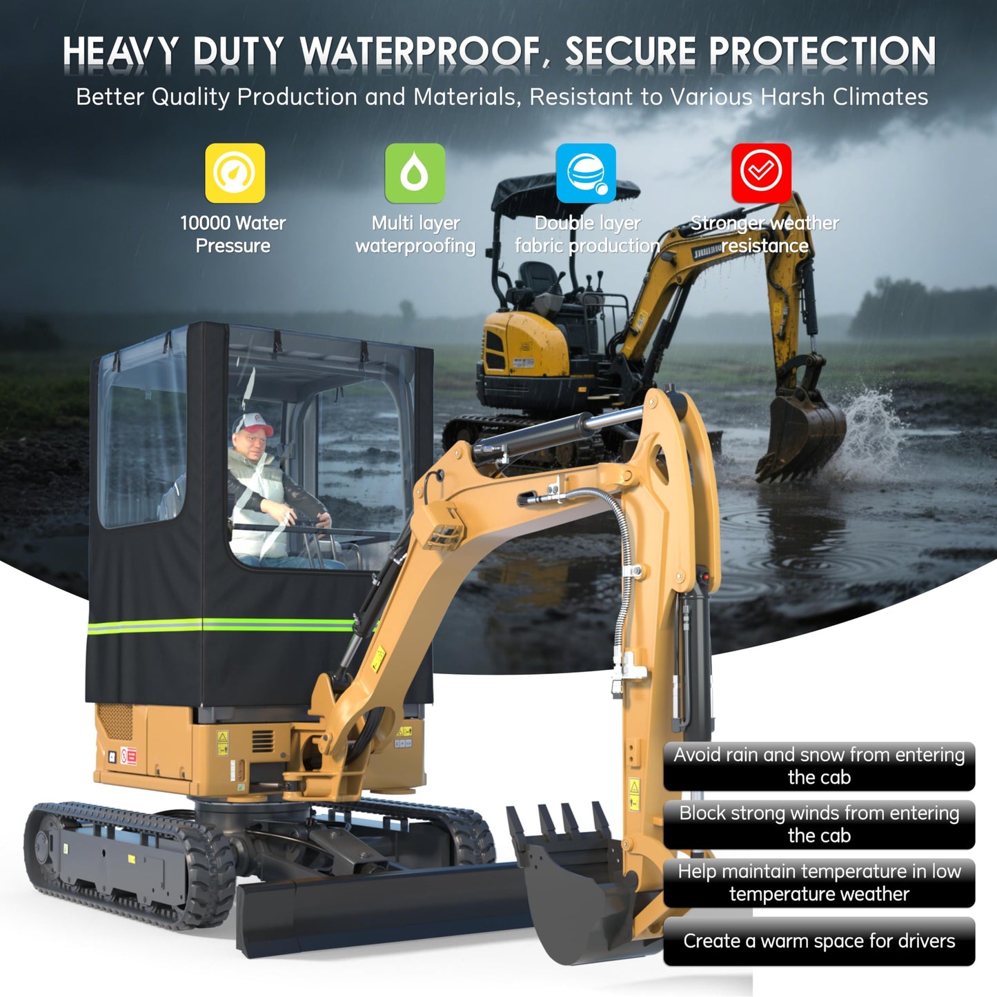 Mini Excavator Cover,Transparent Excavator Cab Enclosure,1680D Waterproof Oxford Fabric + EVA HD Transparent See-Through Material, 45x43x61in, for Bobcat E20/Kubota U17 etc, 1760-3530 lbs.(Black)