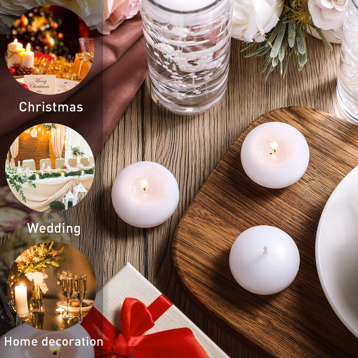 Nuanchu 12 Pieces 1. 65 Inch Floating Candles for Wedding Centerpiece, Small Unscented Floating Round Tealights Metallic Smooth Wax Disc Candles for Graduation Dinner Home Decor(White)