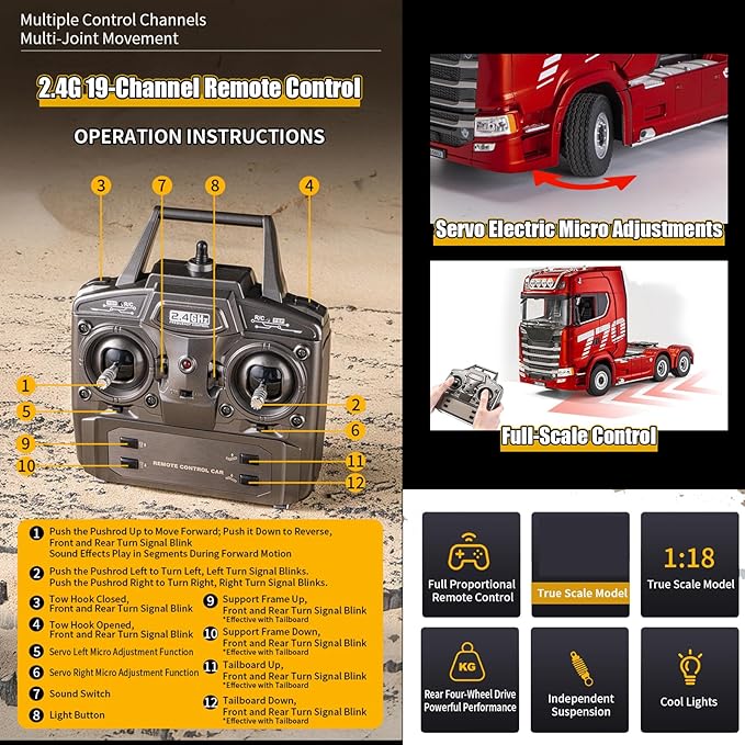 19Channels 770S Hobby RC Tractor Truck Toys 1/18 Scale Light Sound Effects Remote Control Lorry Car Vehicle Trailer for 14y+ Beginners Adults (6-Wheels Grey)