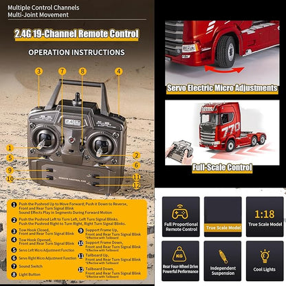 19Channels 770S Hobby RC Tractor Truck Toys 1/18 Scale Light Sound Effects Remote Control Lorry Car Vehicle Trailer for 14y+ Beginners Adults (6-Wheels Grey)