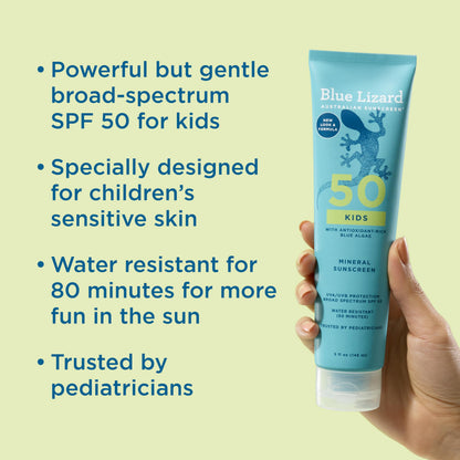 Blue Lizard Kids Mineral SPF 50 Sunscreen Lotion, 100% Mineral, Children’s Sunscreen, Water-Resistant Formula, Paraben-Free, Fragrance-Free, 5 fl oz