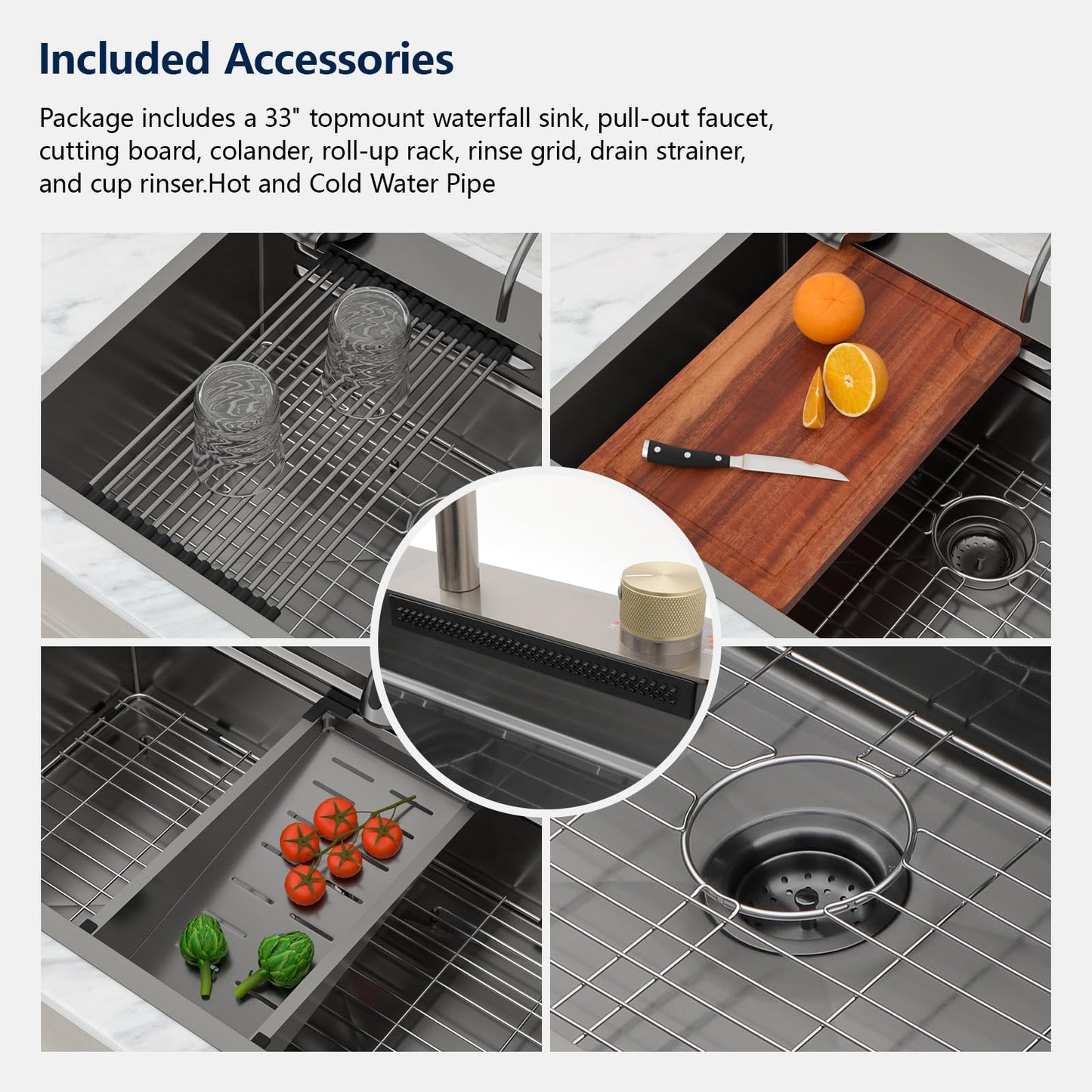 Logmey 33x22 Waterfall Kitchen Sink,Gunmetal Black Nano PVD Drop in Workstation Single Bowl,16 Gauge Anti-Scratch Anti-Rust Stainless Steel Sink with Faucet for Kitchen Remodel Food Prep & Dishwashing