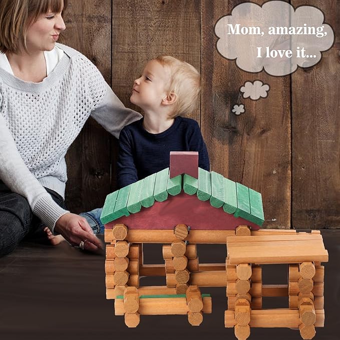 Wondertoys 90 Pieces Classic Wood Cabin Logs Set Building Log Toy for Children Farm House Construction Educational Toys for 3 4 5 6 Years Old