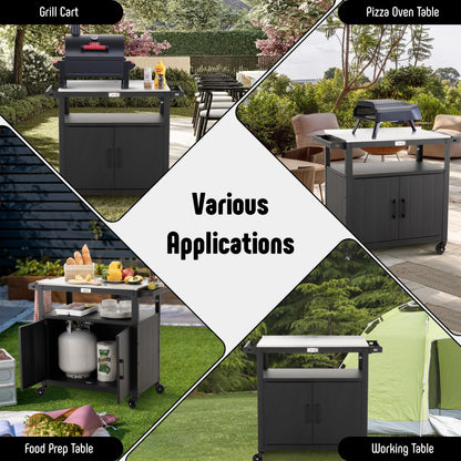 Feasto Outdoor Grill Cart with Stainless Steel Tabletop and Storage Cabinet, Movable Kitchen Island with Wheels for BBQ Food Prep, Black