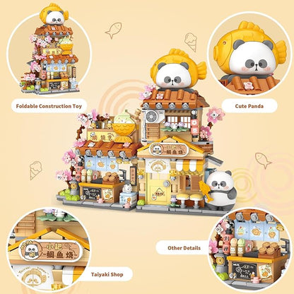 Japanese Street View Taiyaki Shop Mini Building Blocks MOC Creative Building Toys Cute Panda Building Set for Kids 6-12 Simulation Architecture Construction Toy Gift Idea for Kids Adults (858 PCS)