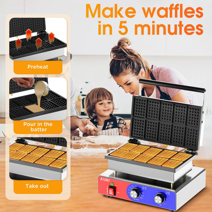 HTTSICHI Square Waffle Maker - Commercial Waffle Iron w/Non-stick Baking Pans, 550 ℉ Temperature and Timers, 1550W Hotel Waffle Machine for Double Baking, Professional Stainless Steel Waffle Maker