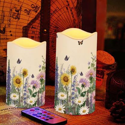 Cozeyat Daisy Field Garden Party Flameless Candles 4 Pack Battery Operated LED Pillar Candles with Remote Timer Flickering Waterproof for Indoor Outdoor Use