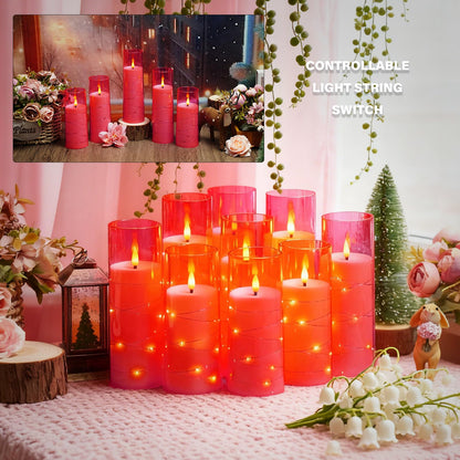 kakoya Flameless LED Candles with Timer 9 Pc Flickering Flameless Candles for Romantic Ambiance and Home Decoration Stable Acrylic Shell,with Embedded Star String，Battery Operated Candles(Pink)
