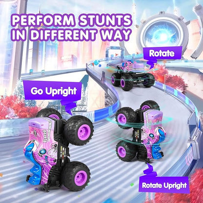DYODYORC Remote Control Car 2.4Ghz All Terrain Monster Truck RC Truck with Music 3 Lighting Effects 360 Stunt Capable 2 Batteries Ready to Run Toy Gifts for Boys and Girls (Pink)