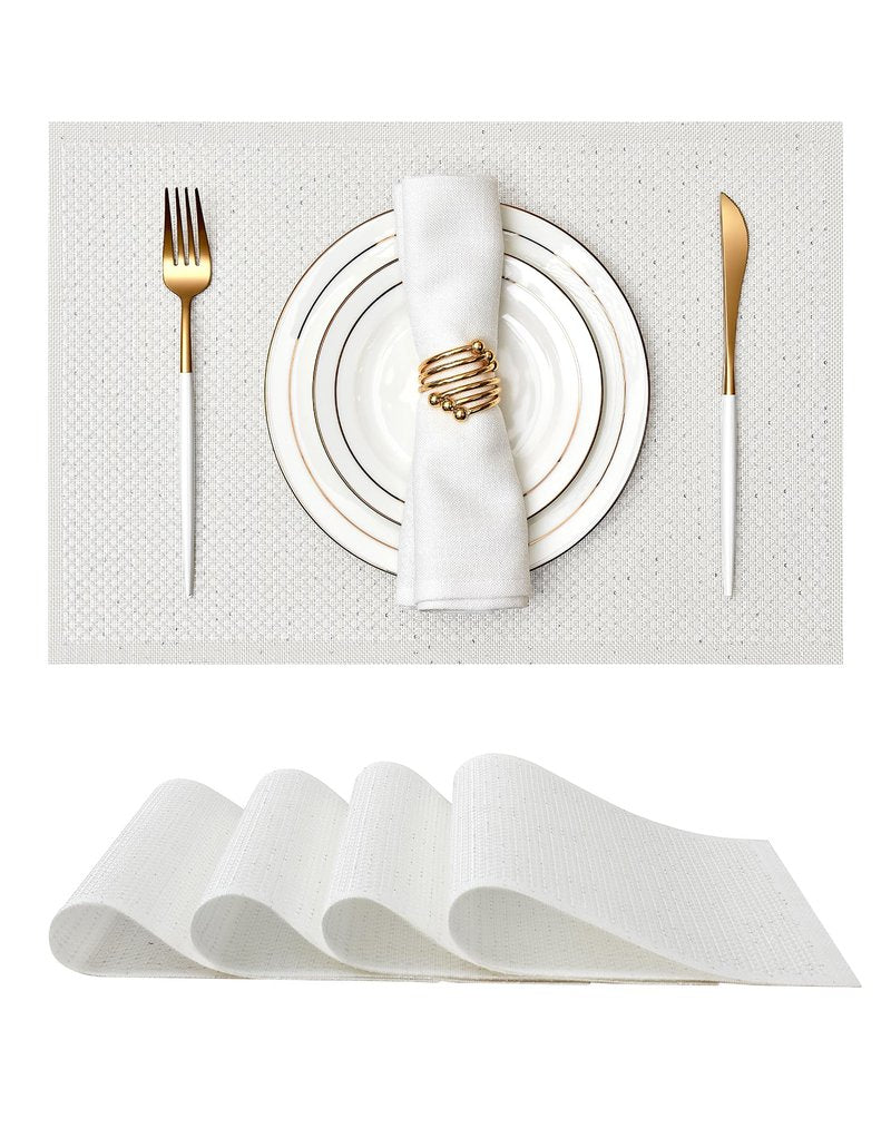 Leetaltree Sparkling Translucent White Sequin Woven Vinyl Placemats, Set of 6 - Waterproof & Washable Dining Table Mats for Wedding, Anniversary, Daily Use, Hand-Cut
