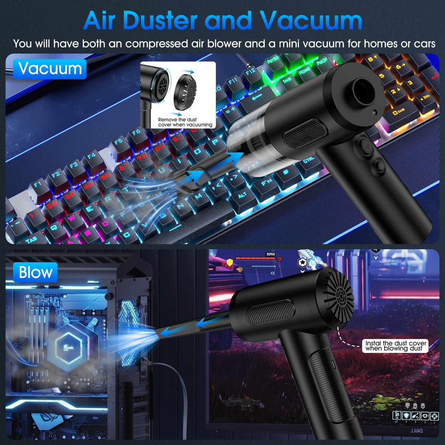 Compressed Air Duster, 100000RPM Handheld Car Vacuum/Air Blower& Pump, 3 Gear Adjustable Electric Air Duster/Car Vacuum Cleaner, Keyboard Duster with LED Light-10 Kits Air Blower for Computer(Black)