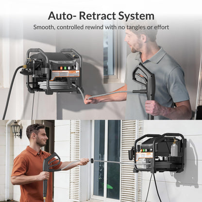 Giraffe Tools Crossfalls Retractable Pressure Washer Max, 3000PSI, 1.45GPM, 1800W Induction Motor, Wall Mounted Electric Power Washer with 50ft Pressure Hose, 4-Nozzles, Foam Cannon, Automatic Rewind