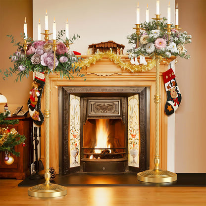 mopam 2 Pcs Floor Candelabra 50 Inch Gold Candelabra Centerpiece 5 Arms Floor Standing Candelabra Gold Candlestick Holder Antique Candle Holder Decorative for Party, Ceremony, Wedding (Line Styling)
