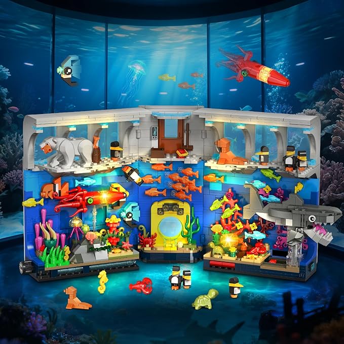 HOGOKIDS Aquarium Book Nook Building Set with Lights - Booknook Fish Building Toy for Bookshelf Home Decor 1064PCS Movable Shark Ocean Polar Animals Blocks Bookend Kit for Adults Teens Boys Girls 8+