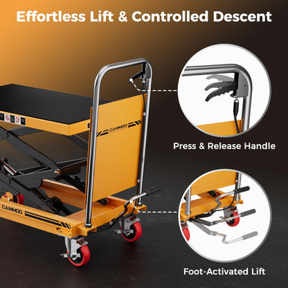 CAMMOO Hydraulic Lift Table Cart, 330lbs Capacity 49.6" Lifting Height, Double Scissor Lift Table with Non-Slip Pad & Safety Guard for Material Handling & Transportation, Yellow