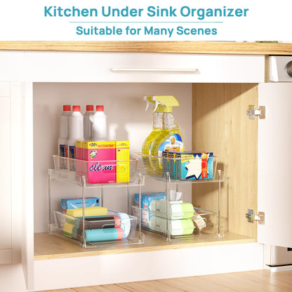 Vtopmart 4 Pack Bathroom Organizer, 2 Tier Clear Under Sink Organizers Vanity Countertop Storage Container,Cabinet Drawers Bins, Pull-Out Organization with Track for Pantry, Kitchen