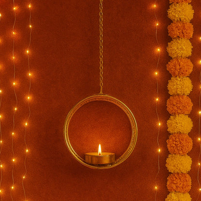 Go Hooked Hanging Round Metal Tealight Candle Holder with Chain Set of 3pcs Handcrafted Floral Cut Design Candle Stand for Diwali, Mandir, Table Décor – Matte Gold Finish Decorative Diya Holder