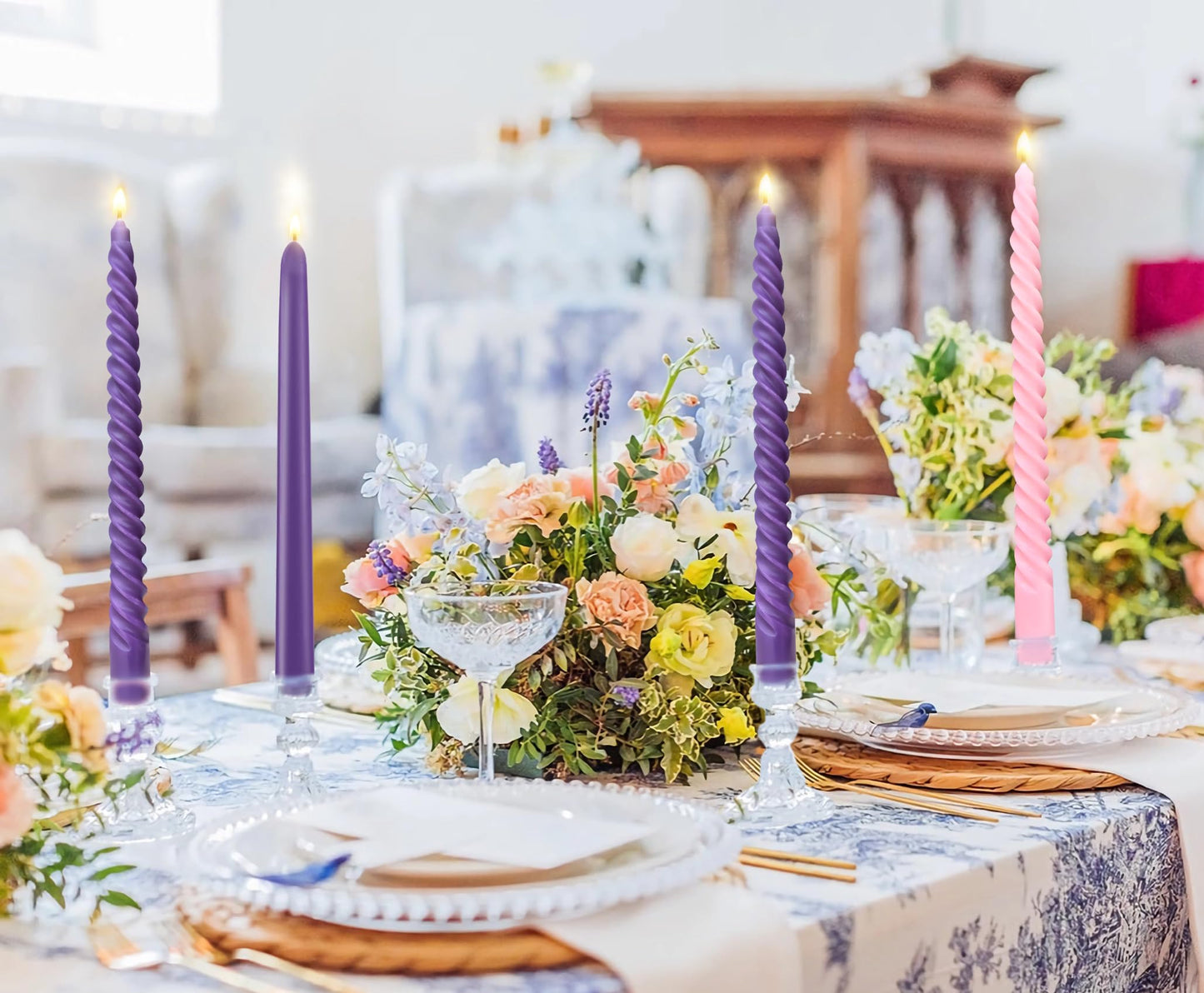 Royal Purple Taper Candles 6 Pack and Spiral Candles 6 Pack Set, 10 Inch Elegant Dripless Unscented Candlesticks for Weddings, Dinners, Parties and Home Decor