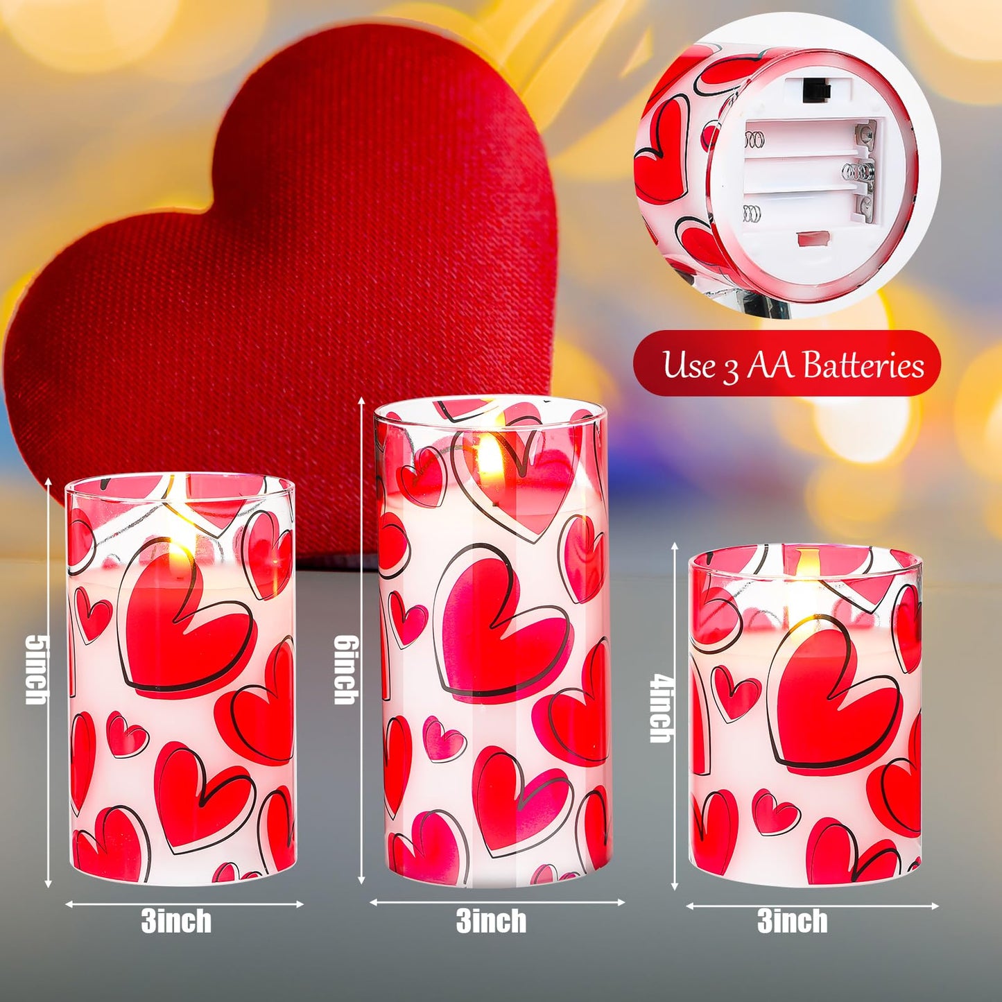 VIHOSE 3 Pcs Valentine LED Flameless Candles Romantic Heart Battery Operated Pillar Candles for Romantic Night Valentine's Day Gifts Proposal Anniversary Festival Gift Table Centerpiece Decor(Heart)