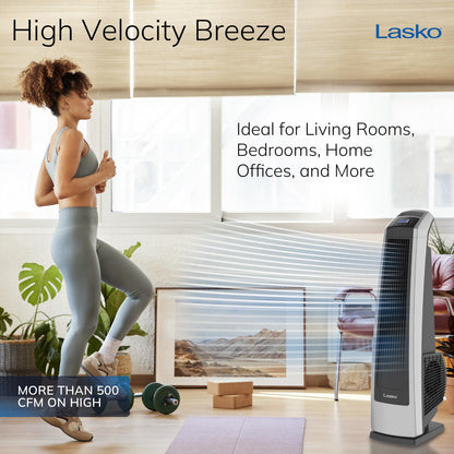 Lasko High Velocity Oscillating Tower Fan, 3 Powerful Speeds, Timer, Adjustable Directional Louvers, Remote Control, For Bedroom, Basement, Garage Use, Black/Silver, 35", U35120
