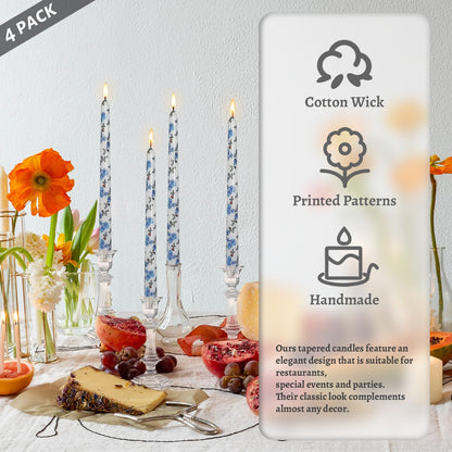 Unscented Floral Taper Candle Spiral Candlesticks - Set of 4 Handmade Blue Red Flower 10 Inch Long Candle Sticks Print Tapered Candles for Home Wedding Dinner Gifts